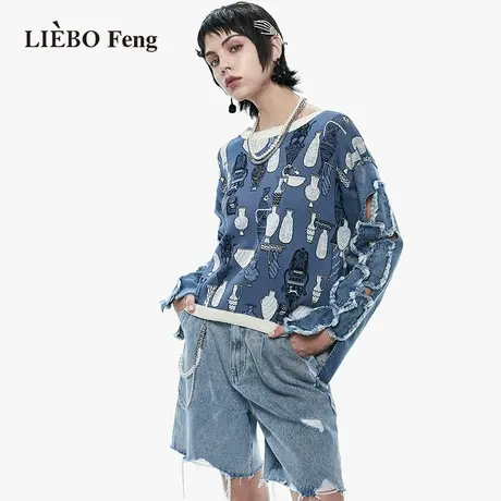裂帛LIEBOFeng商场同款2023年设计师牛仔小衫拼接设计感针织衫女图片