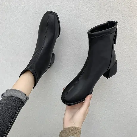 短靴女单靴子2022新款百搭马丁靴英伦风方头粗跟网红瘦瘦靴ins潮图片