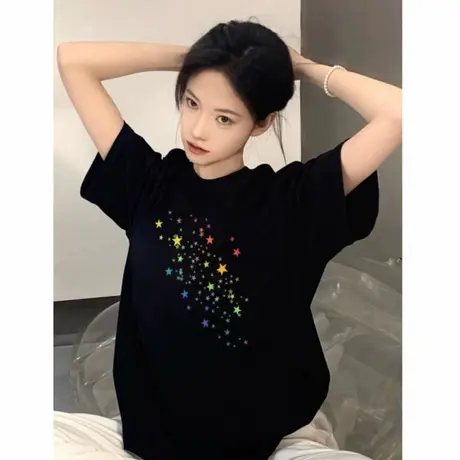 纯棉欧货美式复古落肩短袖t恤女夏季宽松设计感小众独特漂亮上衣图片