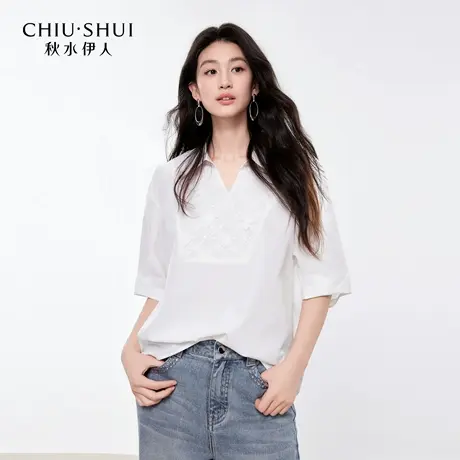 秋水伊人H型V领立体袖拼接蕾丝衬衫2025年夏季新款女休闲简约上衣商品大图
