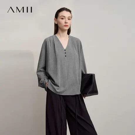 Amii【日系简约格子衬衫】25秋复古小格纹简约休闲格子衬衫衬衣女商品大图