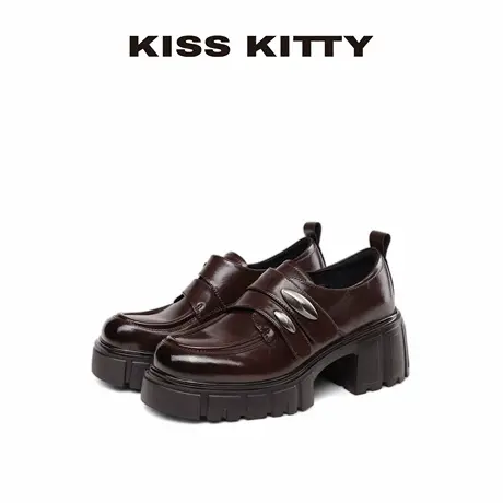 KISSKITTY乐福鞋女2025新款深口单英伦风厚底粗跟棕色百搭小皮鞋图片