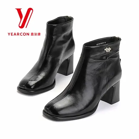 意尔康女靴2025新款秋冬季真皮短靴女粗跟靴子高跟时装靴短筒单靴图片