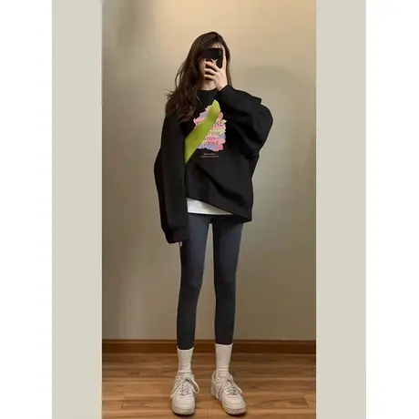 纯棉黑色圆领卫衣女款2023新款爆款秋冬季无帽外套韩系慵懒风上衣商品大图