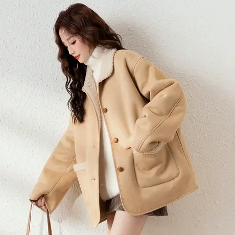 唐狮秋冬季新款仿麂皮绒外套女拼接仿羊羔毛保暖加厚外套休闲tu图片