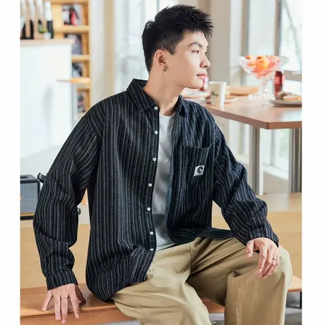 唐狮春秋新款男士翻领长袖牛仔衬衫条纹工装外套复古港风休闲潮TE图片