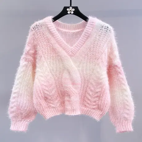 小清新渐变彩虹麻花毛衣女秋冬2023新款宽松外穿时尚软糯针织上衣商品大图