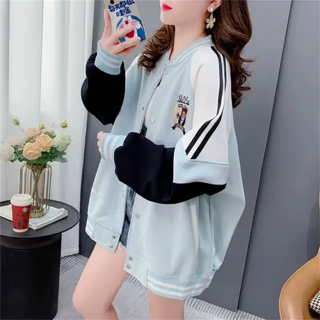 韩版卡通棒球服卫衣开衫女秋季2023新款宽松刺绣拼色学生外套上衣商品大图