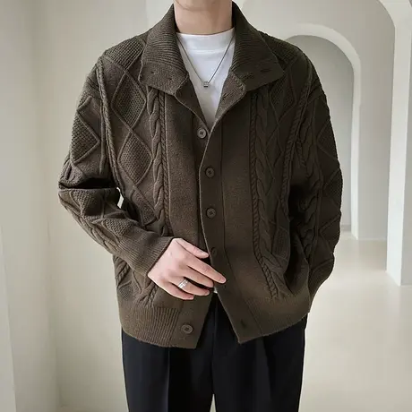 开衫外套男秋冬季新款潮流韩版个性纯色提花立领毛衣针织衫上衣商品大图