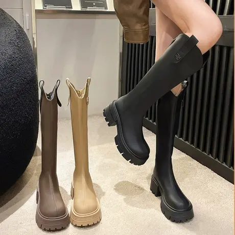 厚底长筒靴女2023春秋季新款小个子粗腿法式瘦瘦靴粗跟高跟骑士靴图片