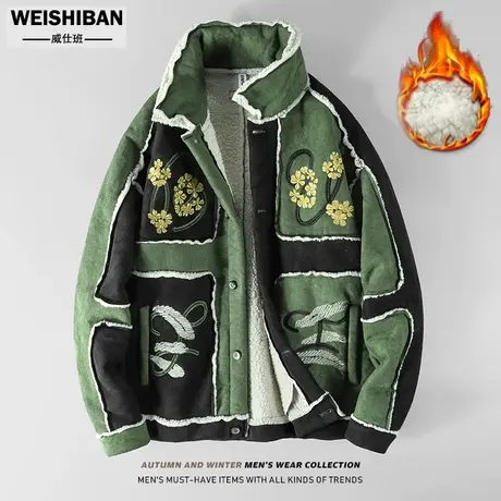 美式复古休闲麂皮绒夹克情侣外套2023冬季潮牌拼接设计感保暖棉衣商品大图