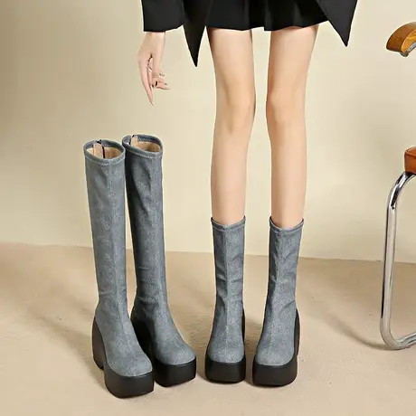 靴子女长筒靴高跟小个子厚底女靴2023新款秋冬显瘦复古中筒时装靴商品大图