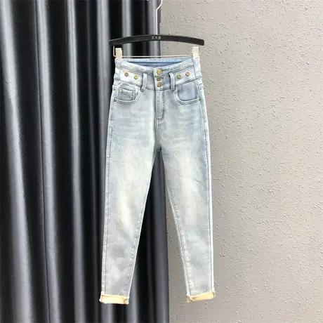 欧货个性贴布铅笔裤女冬季新款单排扣加绒保暖休闲紧身牛仔小脚裤图片