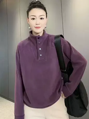 2023秋冬新款加厚保暖奥粒绒半高领纯色卫衣宽松百搭女士休闲上衣图片