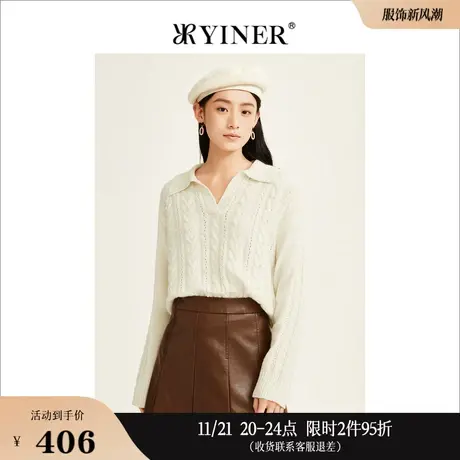 【美丽诺羊毛】YINER音儿线上专选女装冬季海鸥领钉珠针织衫上衣图片