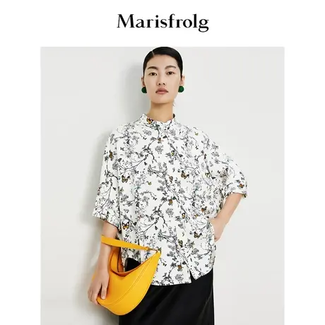 【商场同款】玛丝菲尔夏季新款肌理感立领暗纹蝴蝶花稿衬衫商品大图