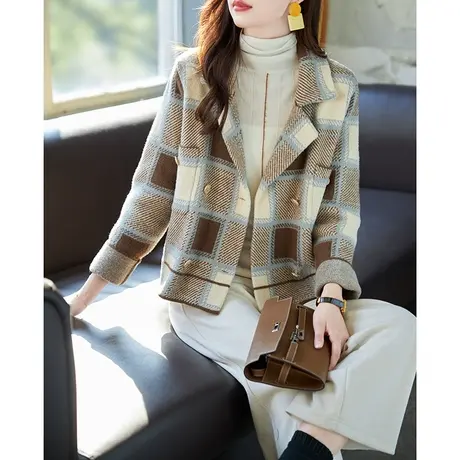 宝诗黎西装领格子短外套女秋冬季时尚气质开衫休闲上衣2023年新款商品大图