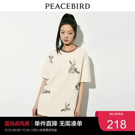 太平鸟兔子卡通印花T恤女短袖2023夏圆领宽松撞色时尚上衣潮奥莱商品大图