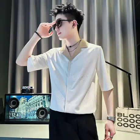 冰丝衬衫男夏季高级感潮流修身短袖衬衣发型师薄款小V领痞帅半袖商品大图