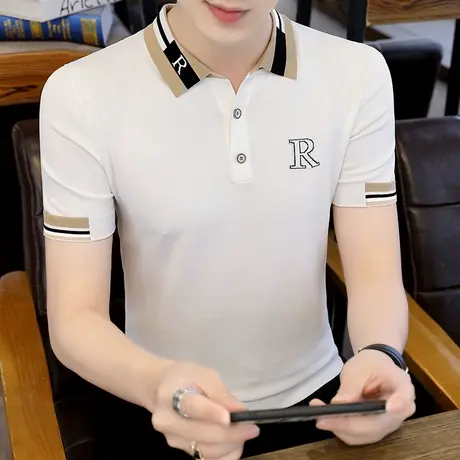 男士夏季翻领冰丝t袖潮牌刺绣休闲衬衫领宽松polo衫针织薄款短袖商品大图