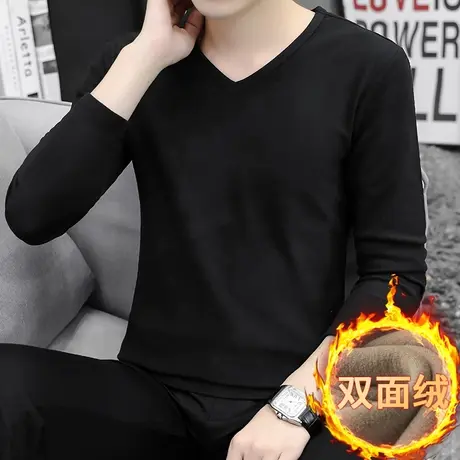 德绒打底衫男v领秋冬季加绒保暖双面绒内搭阳离子长袖t恤黑色秋衣商品大图