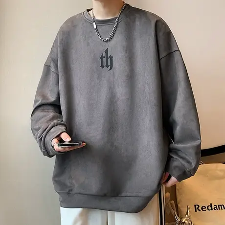麂皮绒重磅卫衣男款美式圆领长袖t恤男生潮牌潮流休闲宽松上衣服商品大图