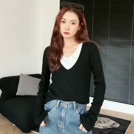 尔给假两件打底衫上衣女春秋款宽松长袖薄款黑色薄款v领针织衫商品大图