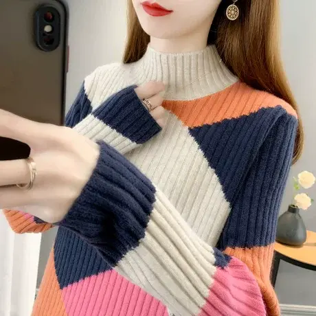 打底衫毛衣女2025春季新款韩版显瘦百搭半高领拼色洋气内搭针织衫商品大图