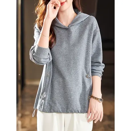 宝诗黎灰色连帽卫衣女春秋款2024年新款时尚宽松棉质套头抽绳上衣商品大图