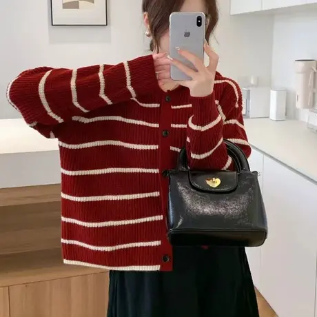 条纹针织开衫女秋冬季2023年新款宽松圆领外搭洋气长袖外套上衣女商品大图