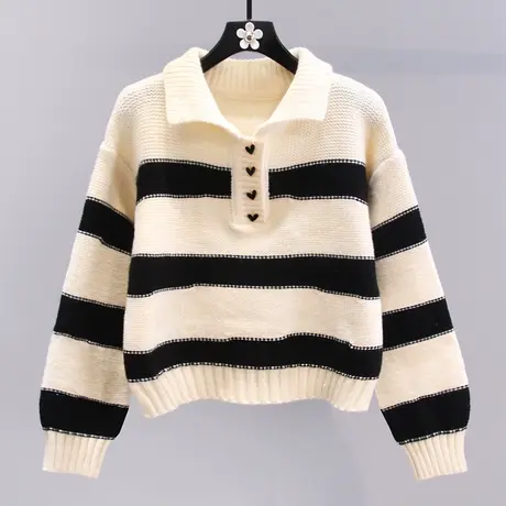 polo领条纹毛衣女秋冬2023新款复古慵懒风设计感小众外搭针织上衣商品大图