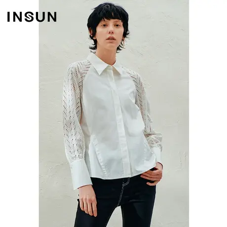INSUN恩裳线上专选春季纯棉镂空落肩抗皱衬衫商品大图