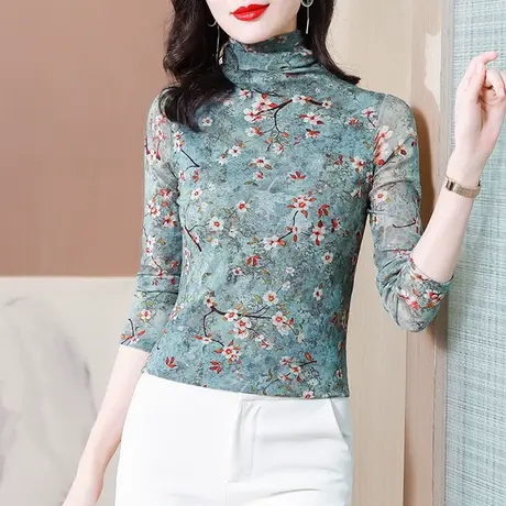 复古网纱打底衫女内搭长袖修身显瘦高领上衣秋冬漂亮印花T恤秋冬图片