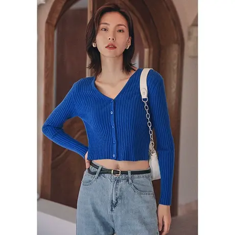 弥古克莱因蓝v领针织衫长袖女春秋小众高级感短款上衣蓝色露脐t恤商品大图