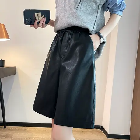 pu皮短裤女直筒秋冬2023新款高腰宽松休闲裤黑色外穿五分a字皮裤商品大图