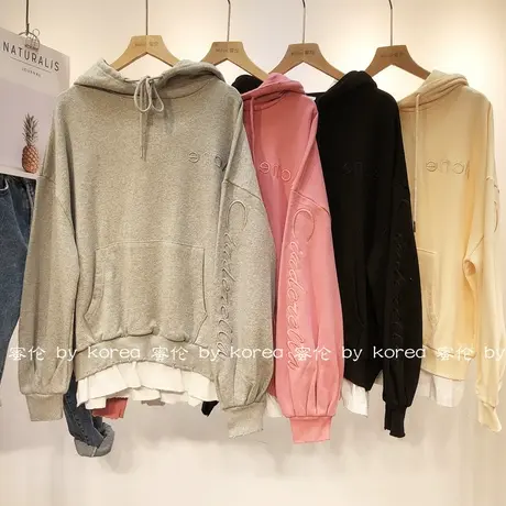 荷叶边裙摆卫衣2020秋季韩国东大门纯色字母假两件连帽卫衣宽松商品大图