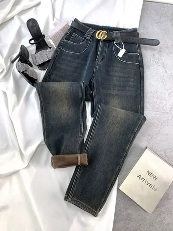 复古磨白加绒加厚牛仔哈伦裤2023秋冬新款显瘦百搭高腰宽松老爹裤商品大图