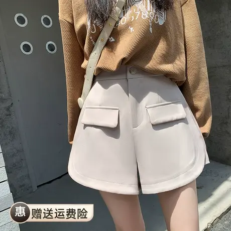 网红爆款高腰显瘦设计感宽松休闲阔腿短裤2022秋冬新款卡其色外穿图片