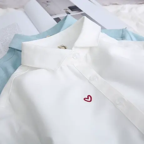 2019春新款日系小清新文艺刺绣花翻领白色衬衫女长袖学生打底衬衣图片