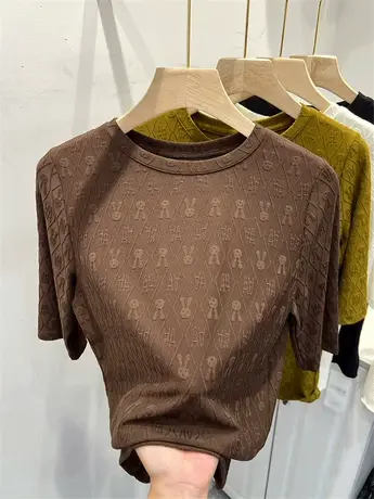 欧货立体提花针织衫直筒显瘦五分袖T恤女2023早秋新款上衣打底衫图片