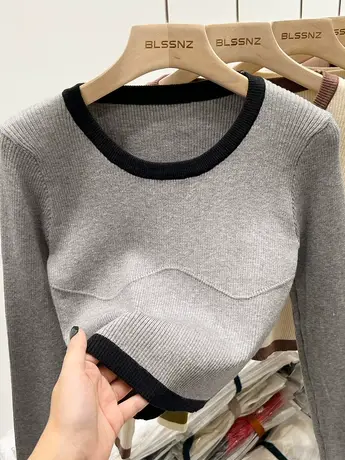 撞色长袖针织衫女打底衫早秋2023新款辣妹别致短款上衣内搭毛衣潮商品大图