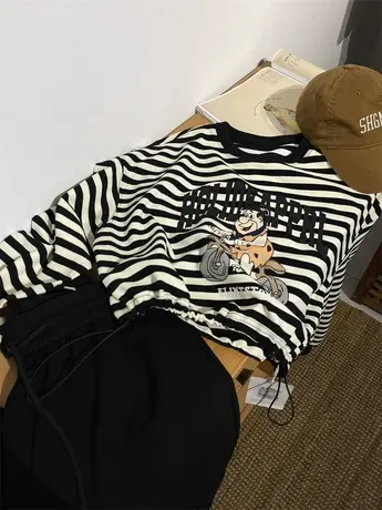 卡通减龄印花条纹下摆抽绳长袖短款卫衣女2023春秋薄款外套上衣服商品大图