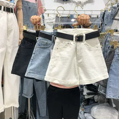 小个子显高牛仔短裤女2023秋季秋韩版高腰宽松搭翻边a字阔腿热裤商品大图