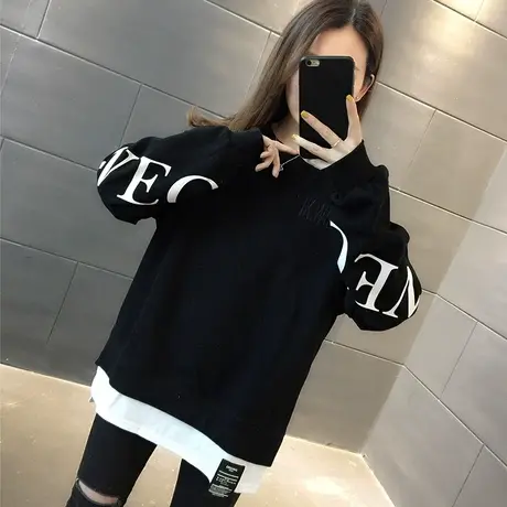 卫衣女春秋韩版宽松大码bf慵懒风中长款初秋薄款假两件上衣外套潮商品大图