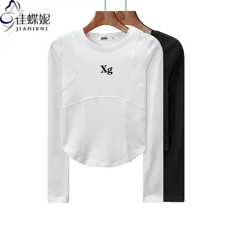 秋冬新款圆领修身短款圆弧纯欲纯棉拼接印花长袖体恤上衣女打底衫商品大图