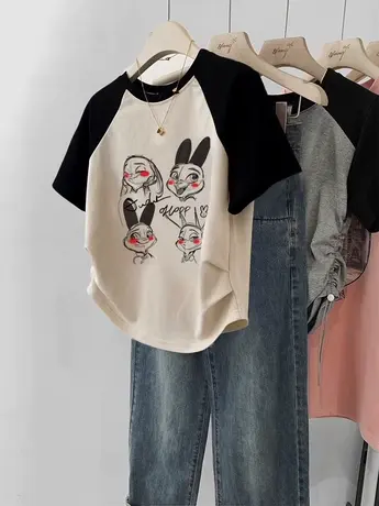 夏季短款t恤女胖mm慵懒风大码显瘦上衣ins潮美式复古修身插肩短袖商品大图