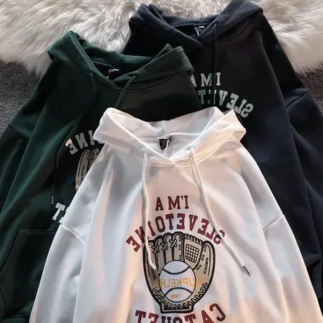 街头风大码oversize加绒连帽卫衣女潮ins港风小众秋冬闺蜜装上衣图片