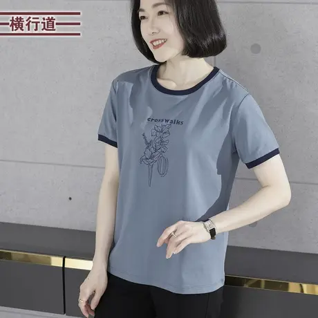 圆领植物花卉印花撞色宽松短袖2025新款夏装简约外穿休闲女衣T恤商品大图