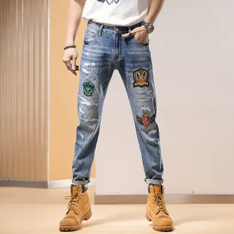 Modi Nick/摩帝尼克男士潮流休闲长裤舒适修身裤子男破洞牛仔裤商品大图