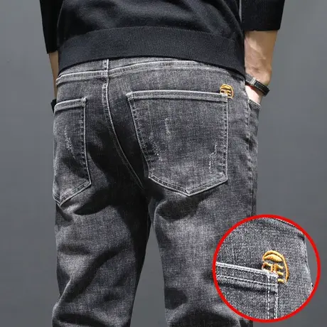 春季痞帅灰色牛仔裤男士修身小脚休闲长裤子男裤春秋款青少年春装商品大图